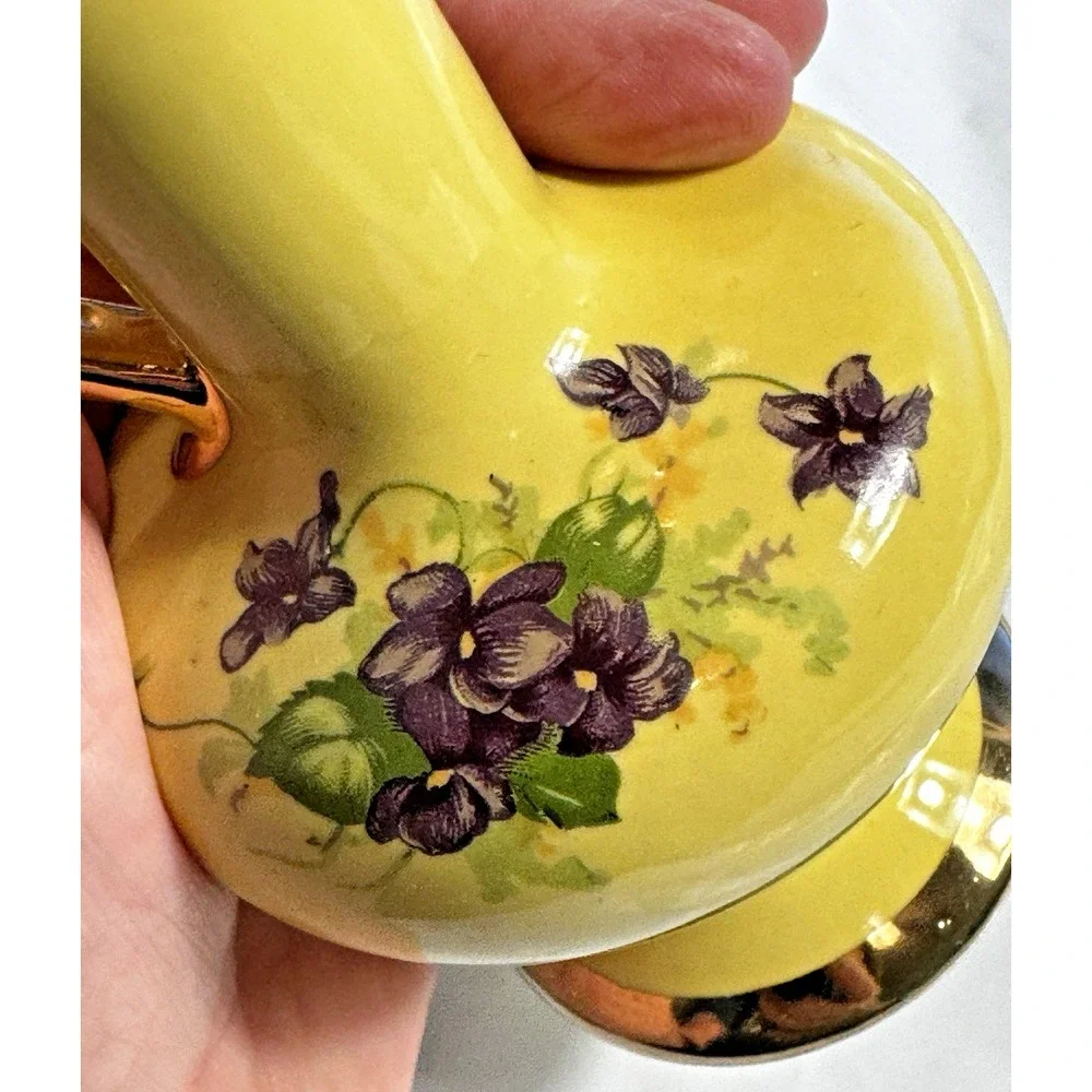 Vintage Yellow Ceramic Miniature Bud Vase Purple Violets Gold Trim 6.25in